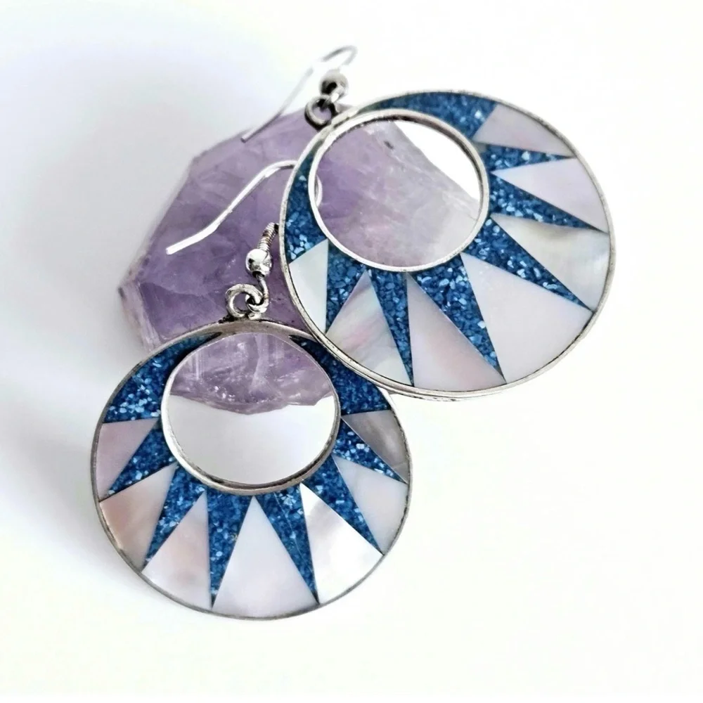 Blue and White Sunburst Hoop Earrings
